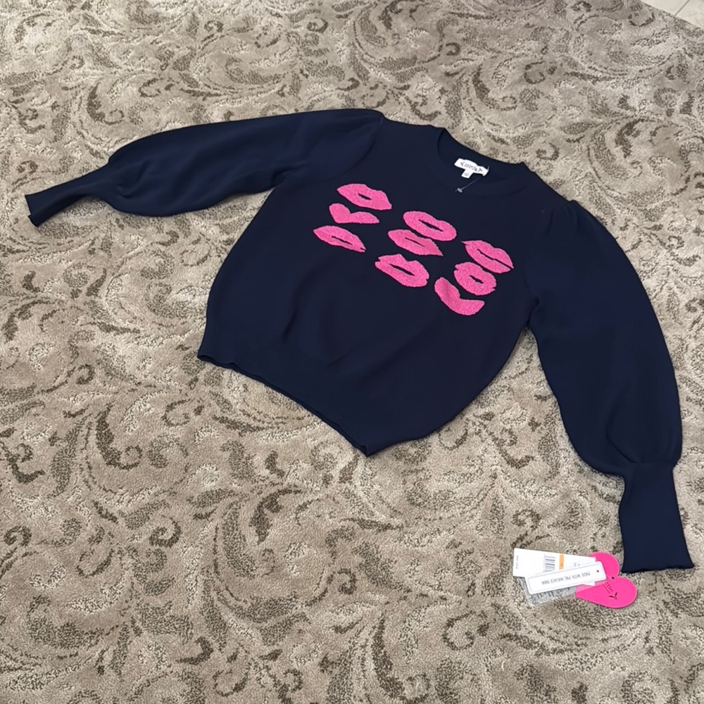 Navy Sweater with Pink Lip Print